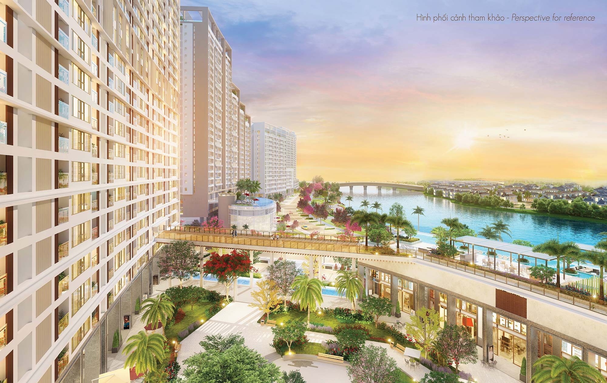 Cầu Welcome Bridge và dòng nước hồ cảnh quan bên dưới hút khí tốt vào dự án.