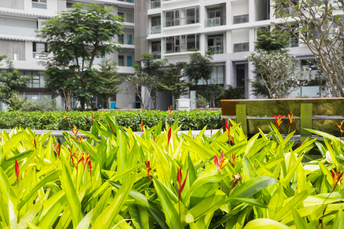 Hệ thống cây xanh được trồng theo từng cấp gồm tầng thấp, tầng trung và tầng cao tạo cảnh quan sinh động cùng mật độ phủ xanh rộng khắp trong công trình và toàn khu phức hợp.