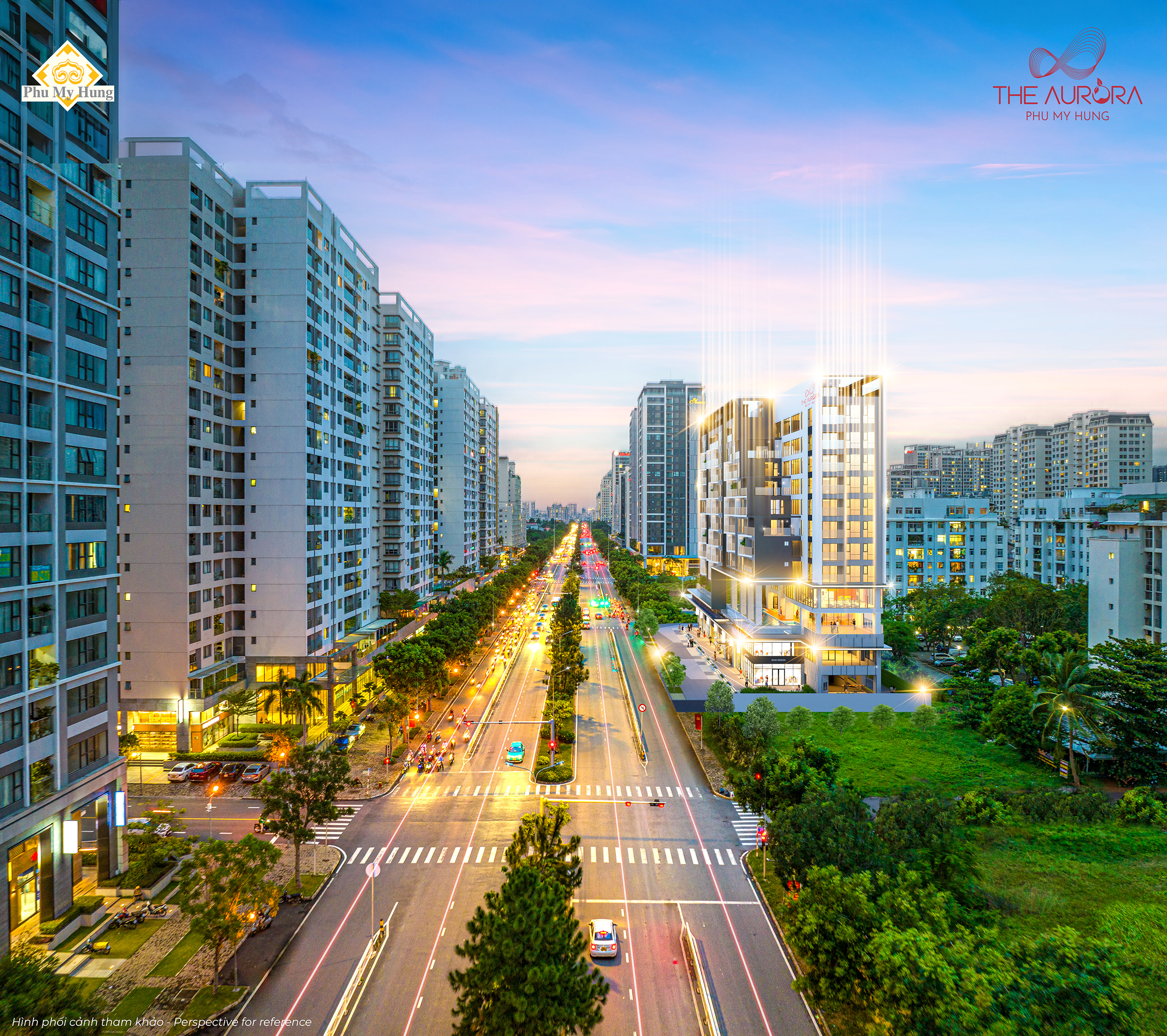 Phu My Hung The Aurora nằm trên phố tài chính thương mại dịch vụ Nguyễn Lương Bằng nối khu Nam Viên và lõi trung tâm. Ảnh: Phối cảnh dự án.
